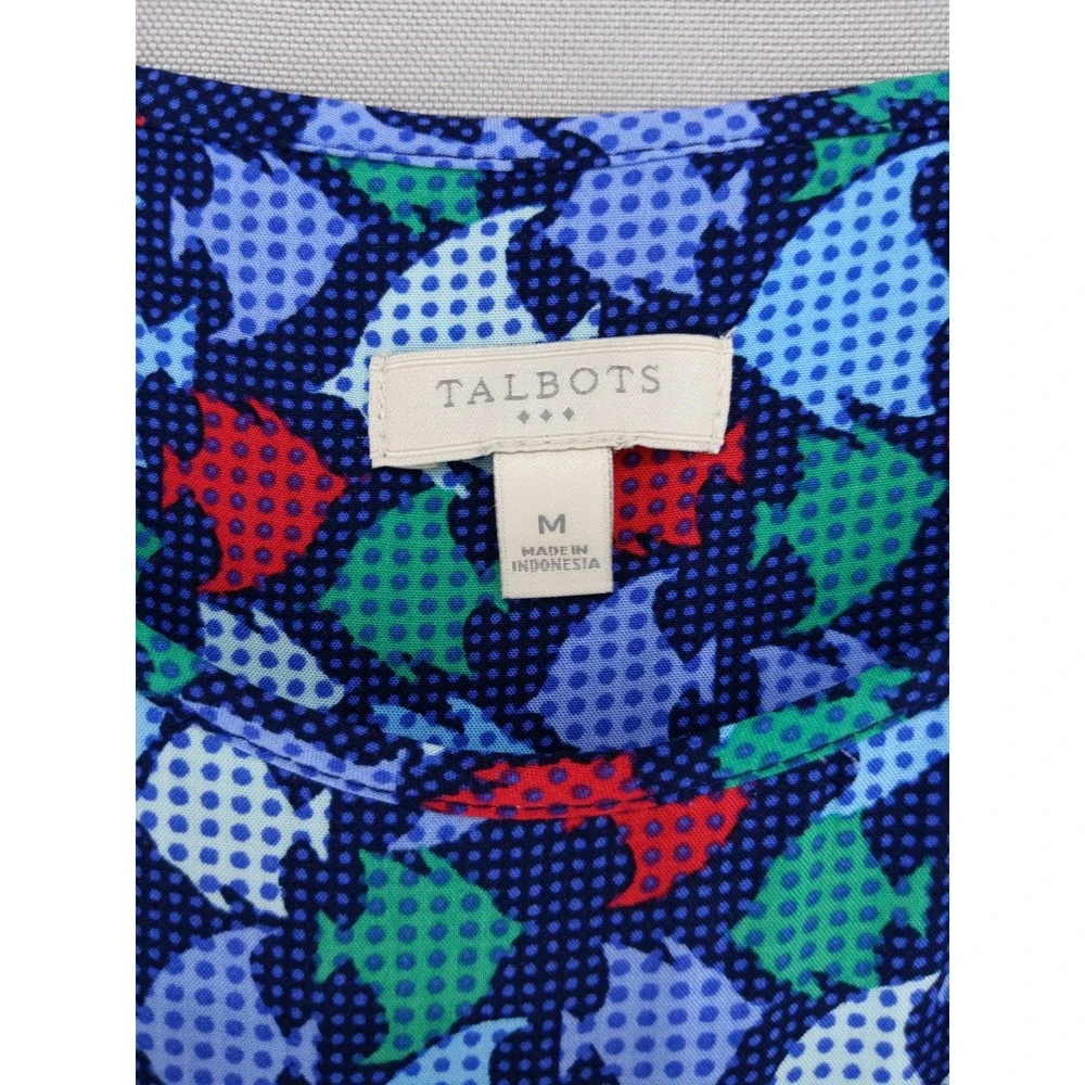Talbots Tank Top Women Medium Blue Fish Print Sleeveless Rayon Blouse